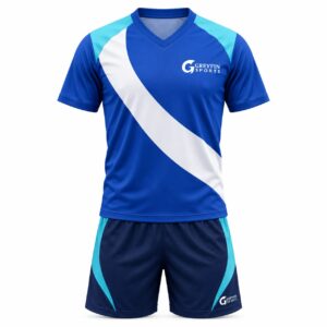 Custom Field Hockey Uniform GF-FH-002 – Royal blue jersey with a white diagonal sash and navy shorts with aqua detailing