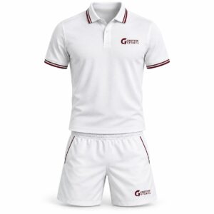 Custom Tennis Uniform GF-TN-001 – White polo and shorts with burgundy collar and sleeve trim