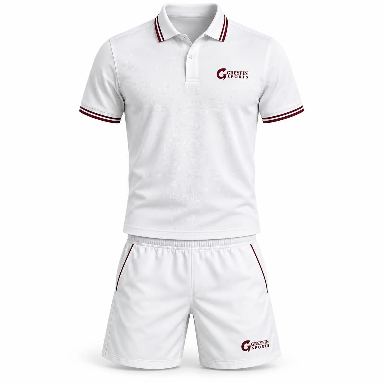 Custom Tennis Uniform GF-TN-001 – White polo and shorts with burgundy collar and sleeve trim