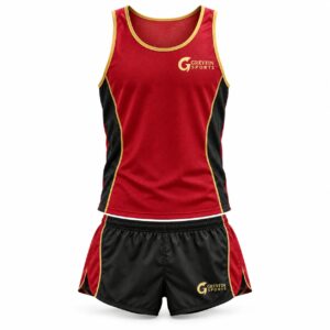 Custom Track and Field Uniform GF-TF-003 – Red singlet with gold trim and black running shorts