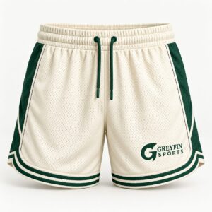 Custom Gym Shorts GF-GSO-001 – Cream shorts with green side panels and striped hem detailing