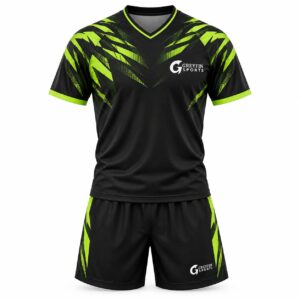 Custom Field Hockey Uniform GF-FH-003 – Black jersey and shorts with lime angular shoulder and side graphics