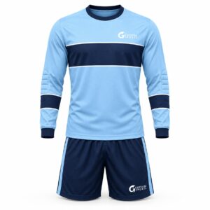 Custom Goalkeeper Uniform GF-GK-003 – Sky blue long-sleeve top with navy chest and sleeve bands and navy shorts