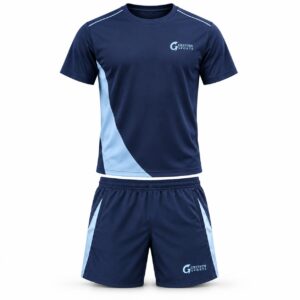 Custom Tennis Uniform GF-TN-003 – Navy top and shorts with sweeping sky blue side panels