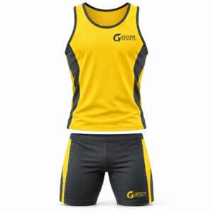 Custom Track and Field Uniform GF-TF-001 – Yellow singlet with charcoal side panels and charcoal shorts