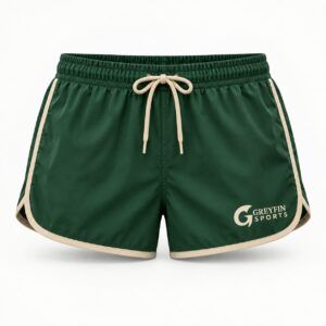 Custom Gym Shorts GF-GSO-005 – Dark green shorts with cream edge binding and a cream drawcord