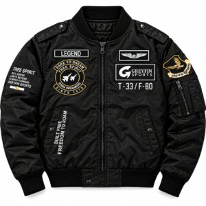 Black custom bomber jacket with embroidered chest patches and ribbed collar