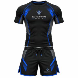 Black and blue Greyfin Sports fitted training shirt with matching shorts