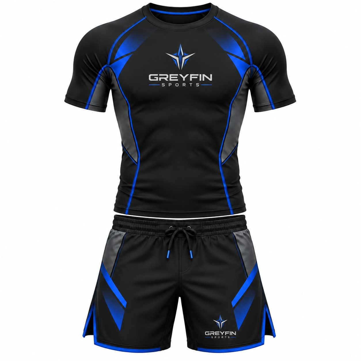 Black and blue Greyfin Sports fitted training shirt with matching shorts